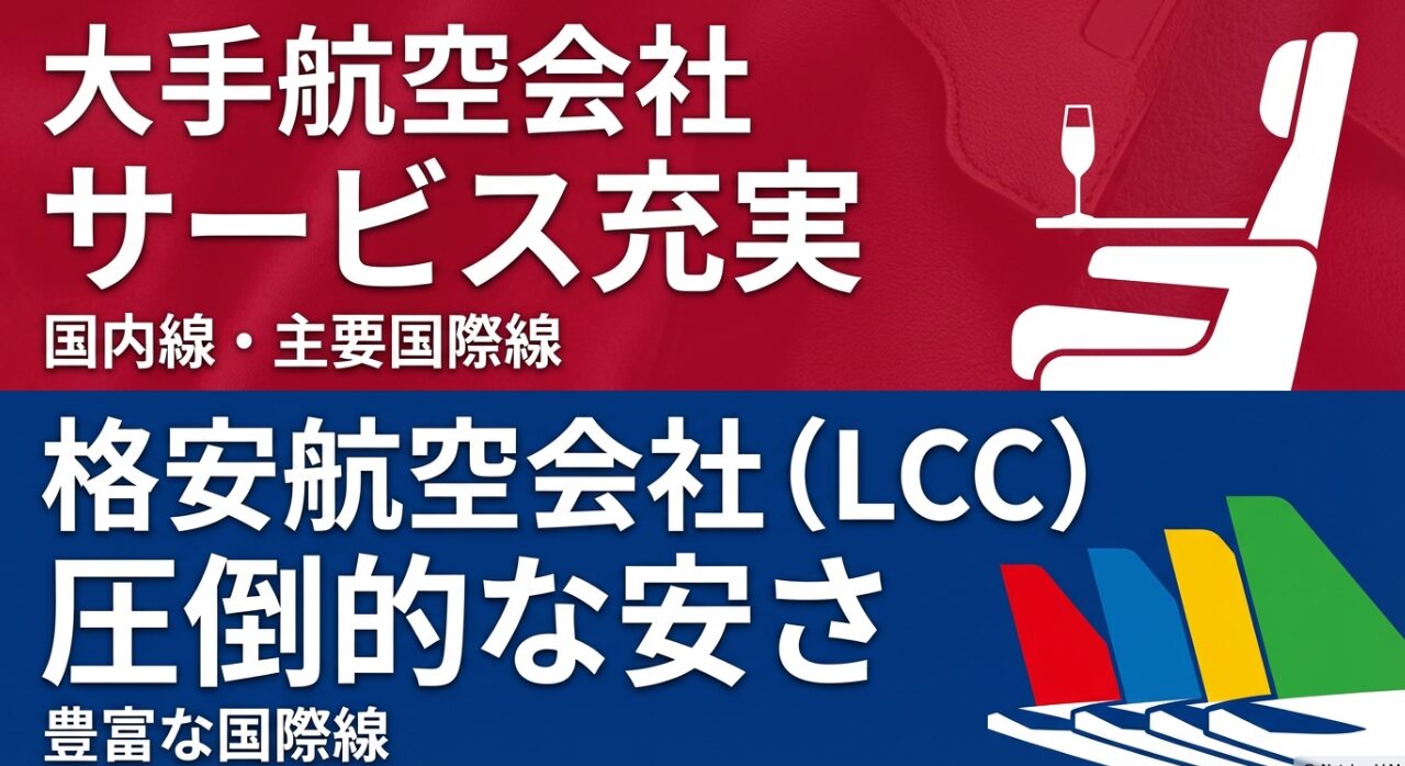 羽田は大手航空会社でサービス充実、成田はLCCが豊富で圧倒的な安さが魅力であることを示す比較
