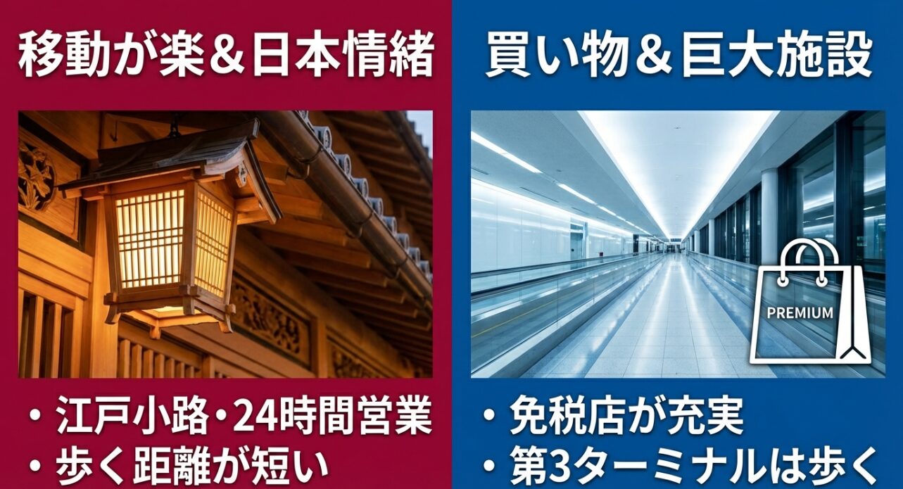 羽田の江戸情緒あふれる江戸小路と、成田の充実した免税店・プレミアムな買い物の違い