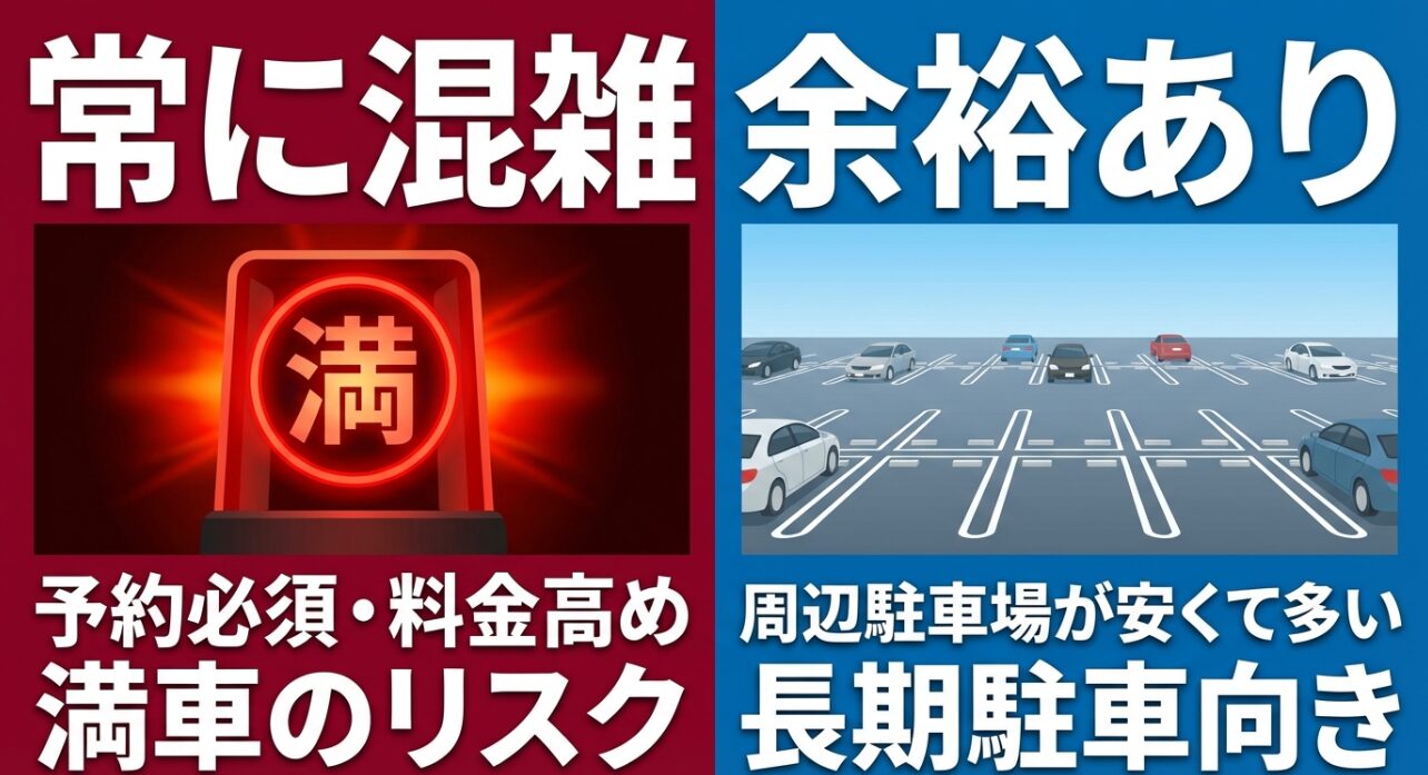 羽田駐車場は常に混雑し予約必須、成田は周辺駐車場が安くて多く余裕があることを示す図解