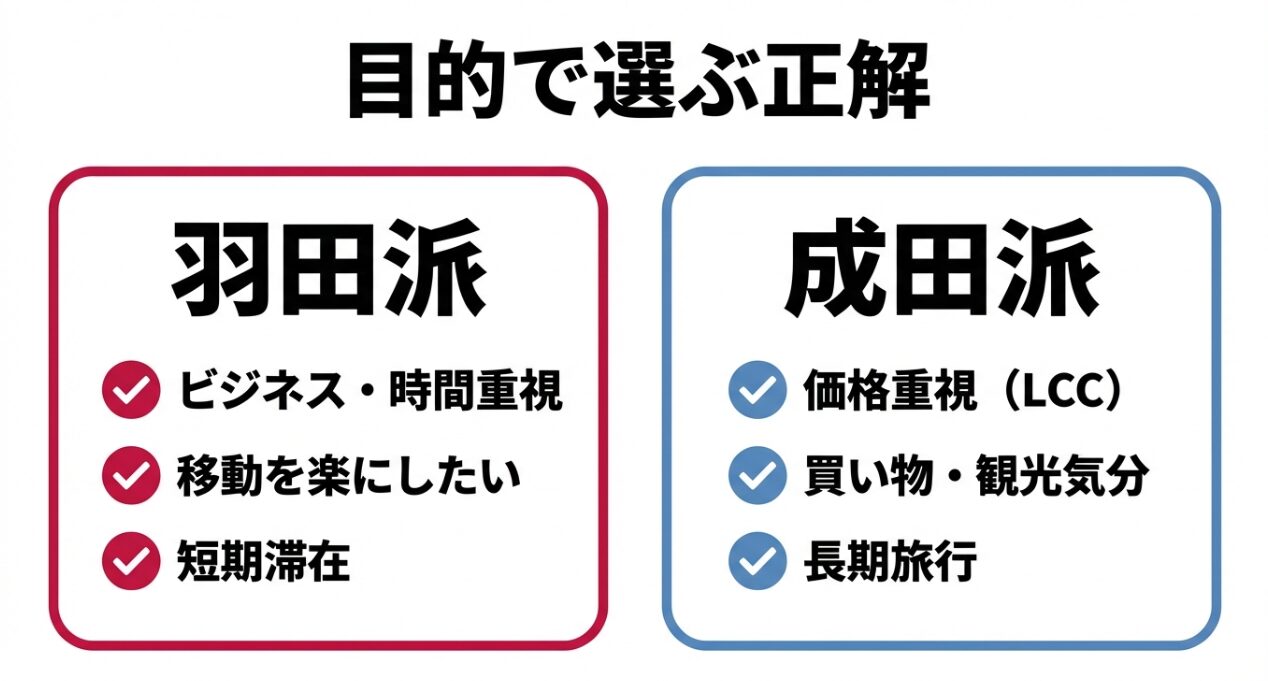 ビジネス・時間重視は羽田、価格重視・長期旅行は成田をおすすめする最終診断まとめ