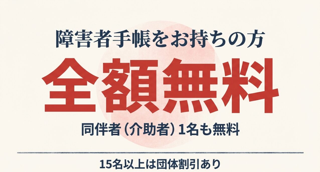 障害者手帳をお持ちの方と同伴者1名が全額無料になる案内と、15名以上の団体割引についてのスライド。