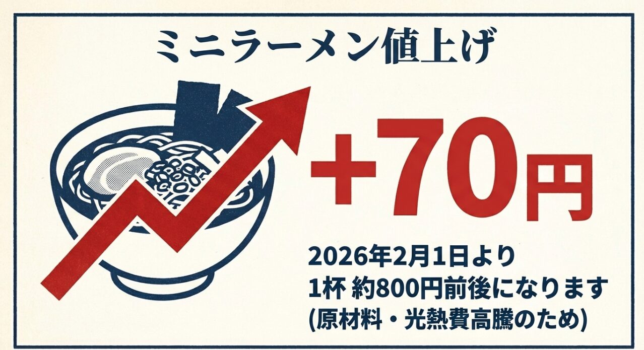 2026年2月1日より原材料高騰のため、ミニラーメンが70円値上げされ、1杯約800円前後になる告知。