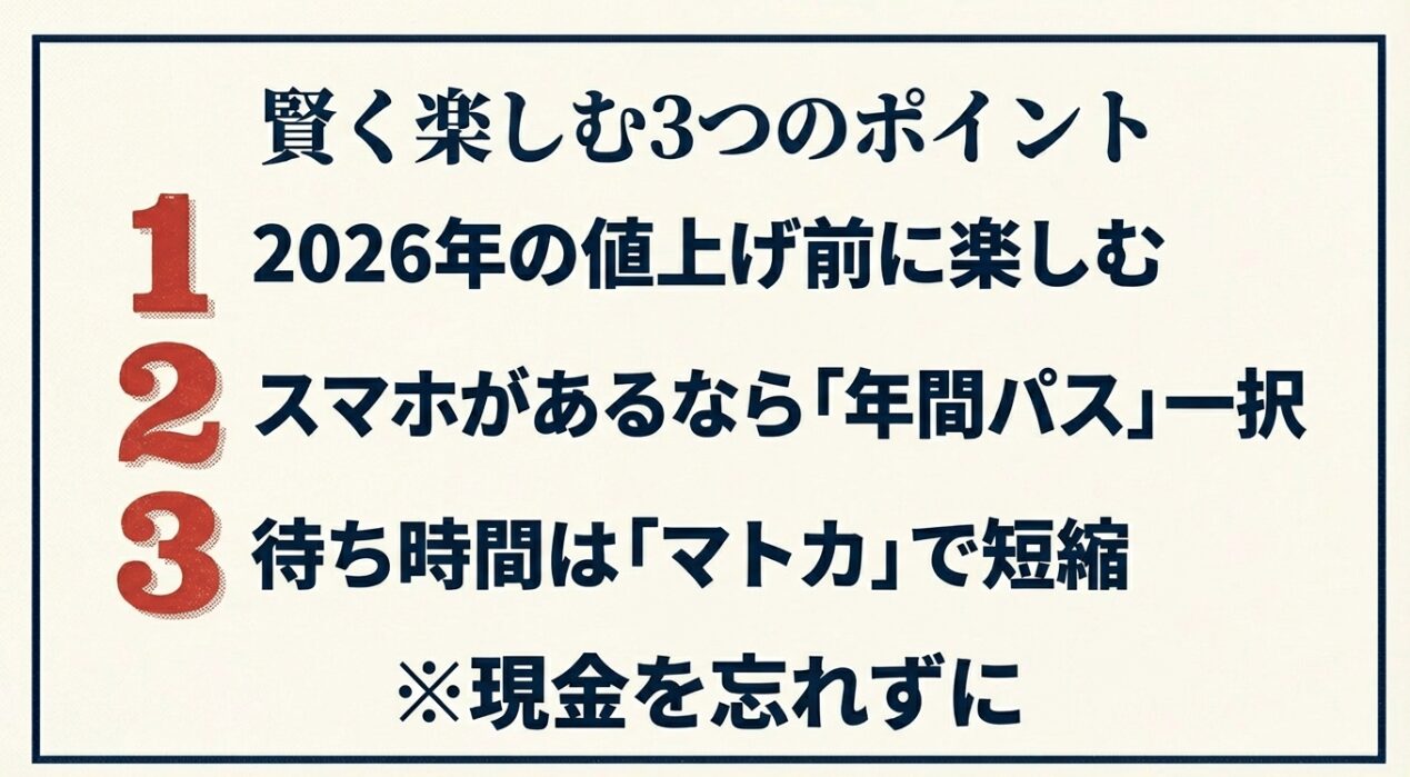 賢く楽しむポイントとして、値上げ前の訪問、年間パスの活用、待ち時間短縮アプリ「マトカ」の利用を推奨するまとめ。