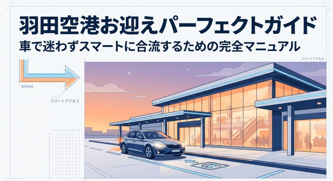 羽田空港へ車で迎えに行くためのスマートアクセスガイドの表紙。空港ビルと車のイラスト。
