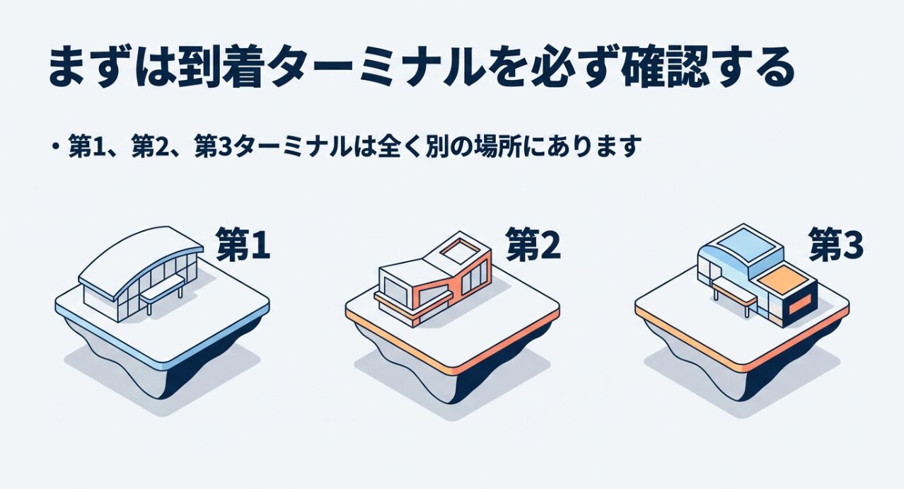 羽田空港の第1、第2、第3ターミナルの外観イラスト。それぞれが別の場所にあることを強調。