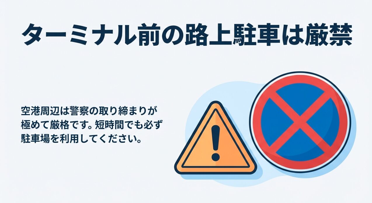 駐車禁止マークと注意を促すビックリマークのイラスト。路上駐車厳禁を強調。