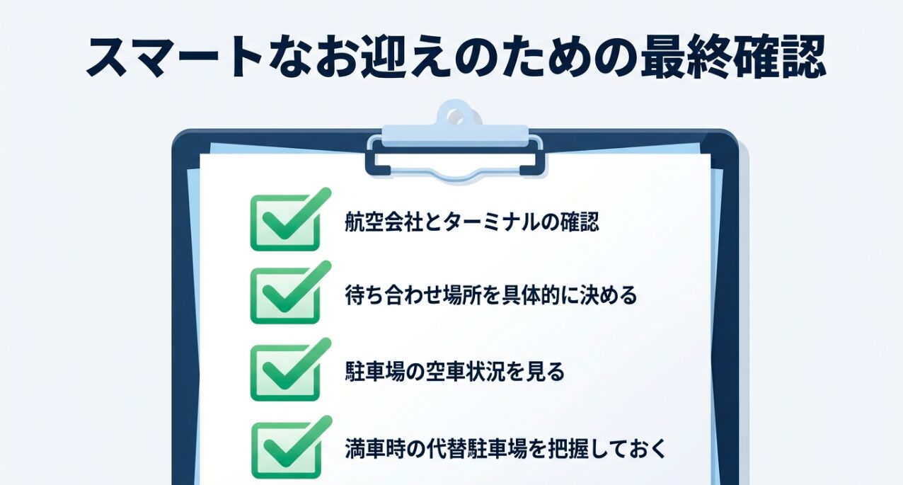 航空会社確認、待ち合わせ場所決定、空車状況確認、代替駐車場把握の4項目を記したチェックリスト。