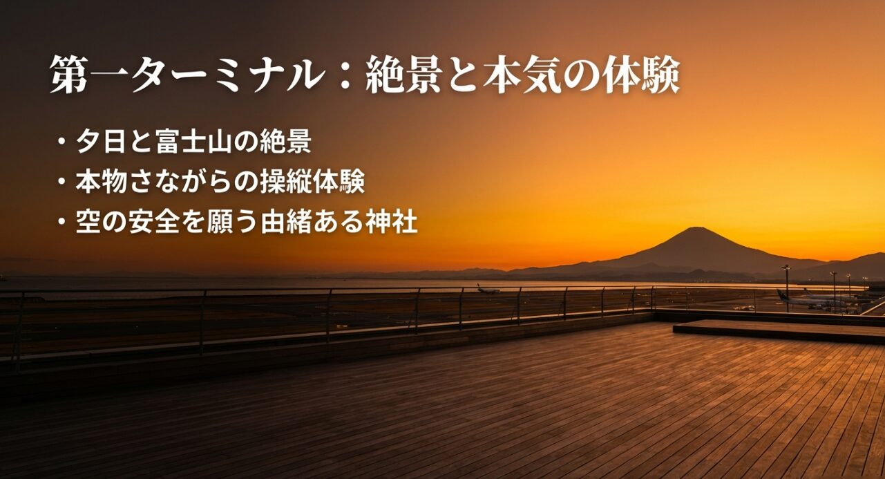 第1ターミナルの魅力である夕日と富士山の絶景、本格的な操縦体験、空の安全を願う航空神社をまとめた画像