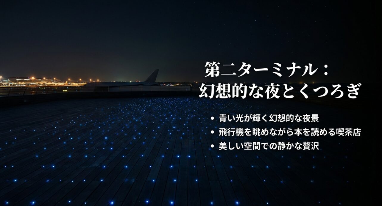 第2ターミナルの青い光が輝く幻想的な夜景と、飛行機を眺めながら本を読める喫茶店を紹介するスライド 。