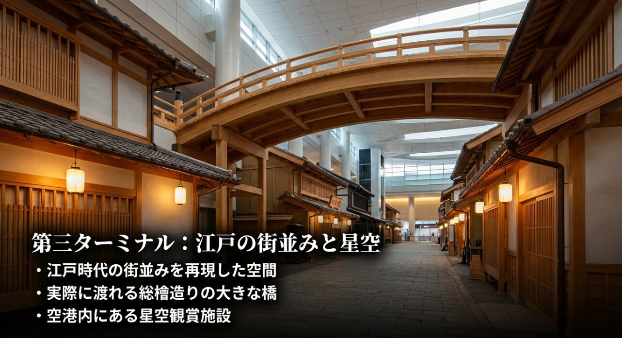 第3ターミナルの江戸時代の街並み再現、総檜造りの大きな橋、空港内の星空観賞施設を解説する画像