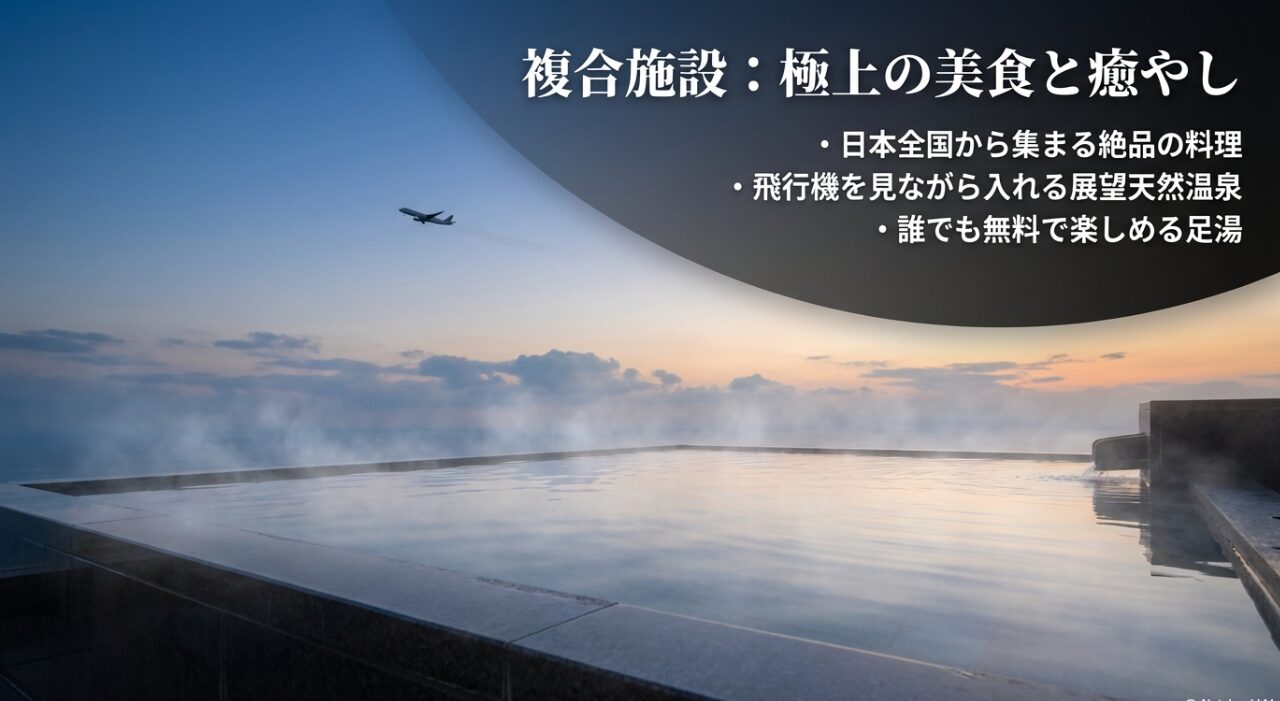 複合施設で楽しめる日本全国の絶品料理、展望天然温泉、誰でも無料で楽しめる足湯をまとめたスライド 。