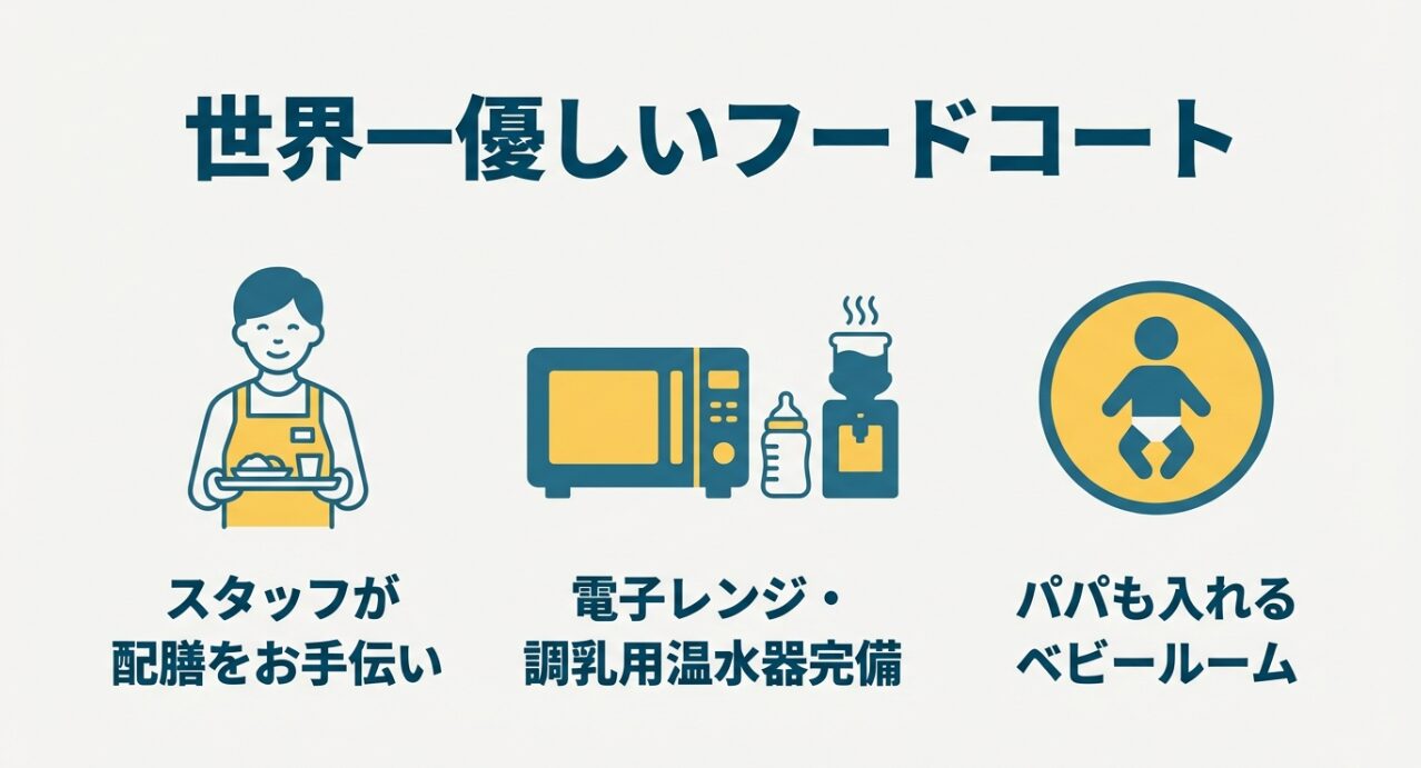 スタッフによる配膳お手伝い、電子レンジ、調乳用温水器、パパも入れるベビールームなどのサービス・設備紹介アイコン。