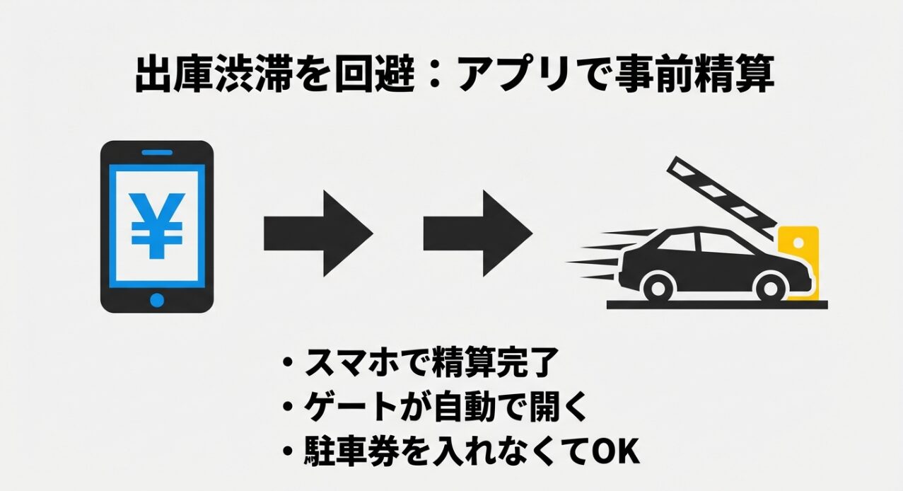 スマホアプリで精算を完了させると、出口ゲートが自動で開き、駐車券の投入が不要になる仕組みの解説