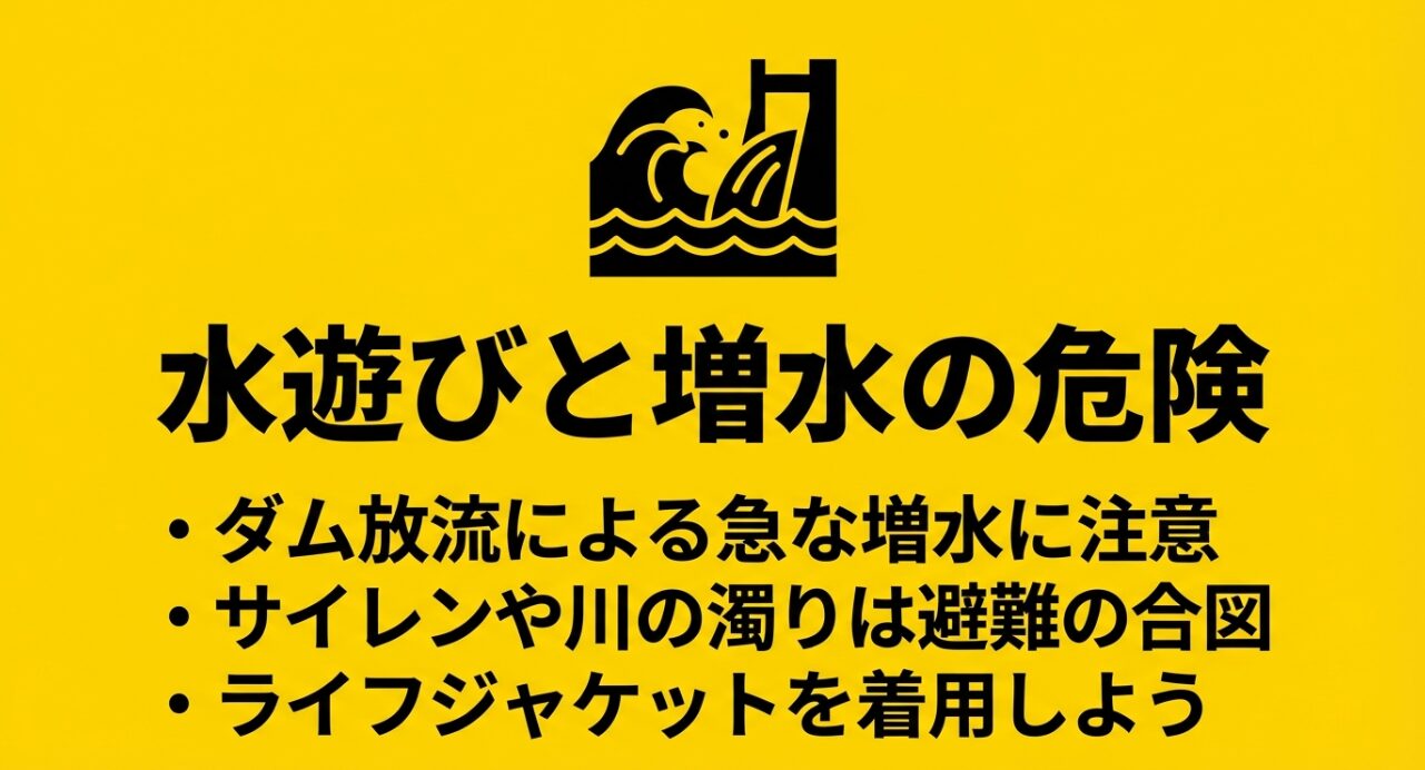 ダム放流による急な増水の警告マークと、サイレンや水の濁りに注意しライフジャケットを着用することを促す安全案内。