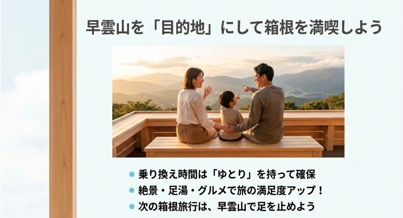 テラスでくつろぐ家族の写真とともに、乗り換え時間にゆとりを持ち、足湯やグルメで満足度を上げようと呼びかけるまとめのスライド。