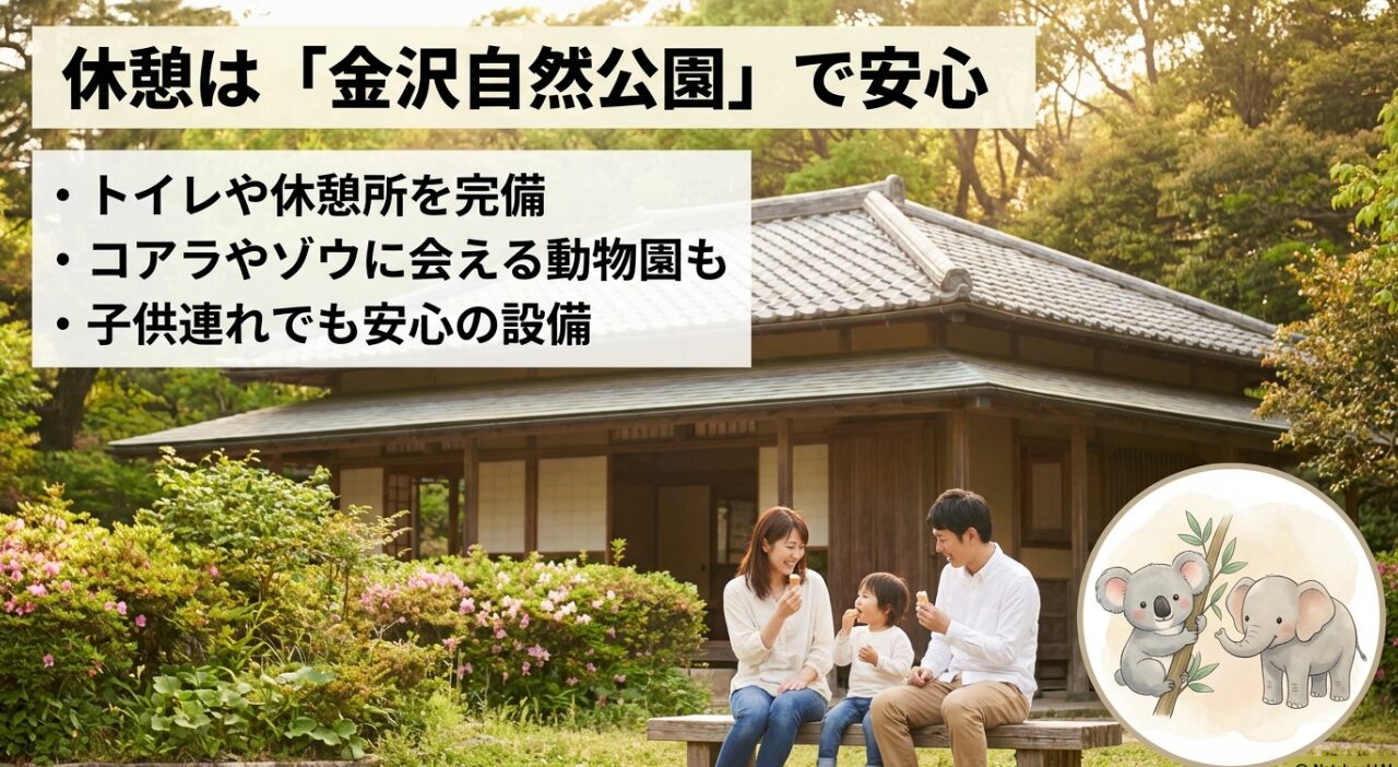 トイレ・休憩所完備、コアラやゾウがいる動物園も併設された金沢自然公園の案内スライド