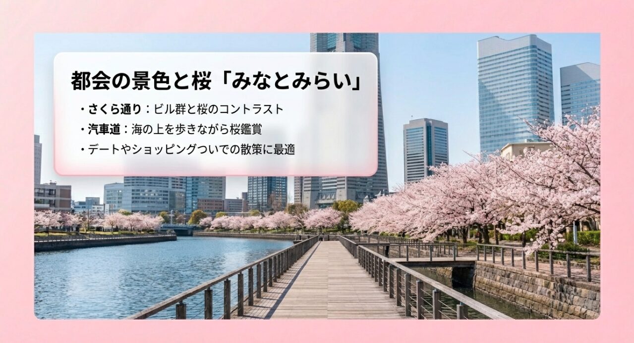 ビル群と桜が対照的な「さくら通り」や、海の上を歩きながら桜を楽しめる「汽車道」の魅力を紹介するスライド。