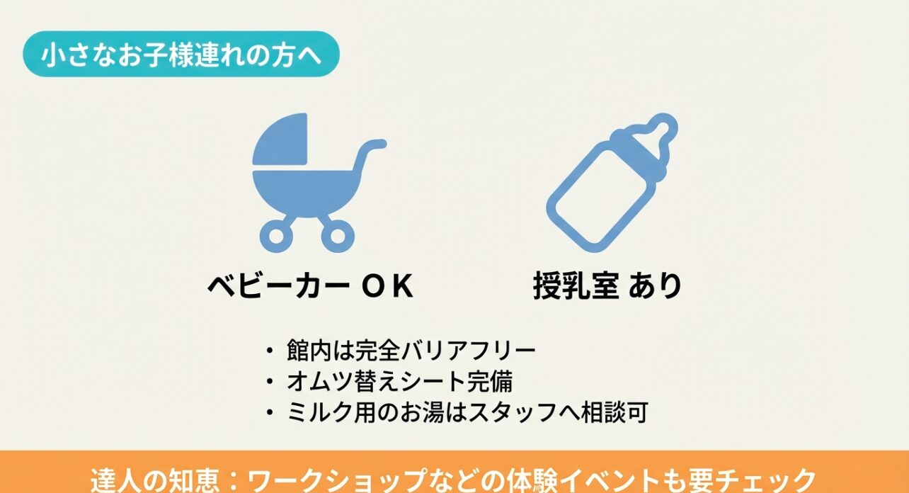 ベビーカーOK、完全バリアフリー、オムツ替えシート、授乳室完備など、小さなお子様連れ向けのサポート情報スライド。