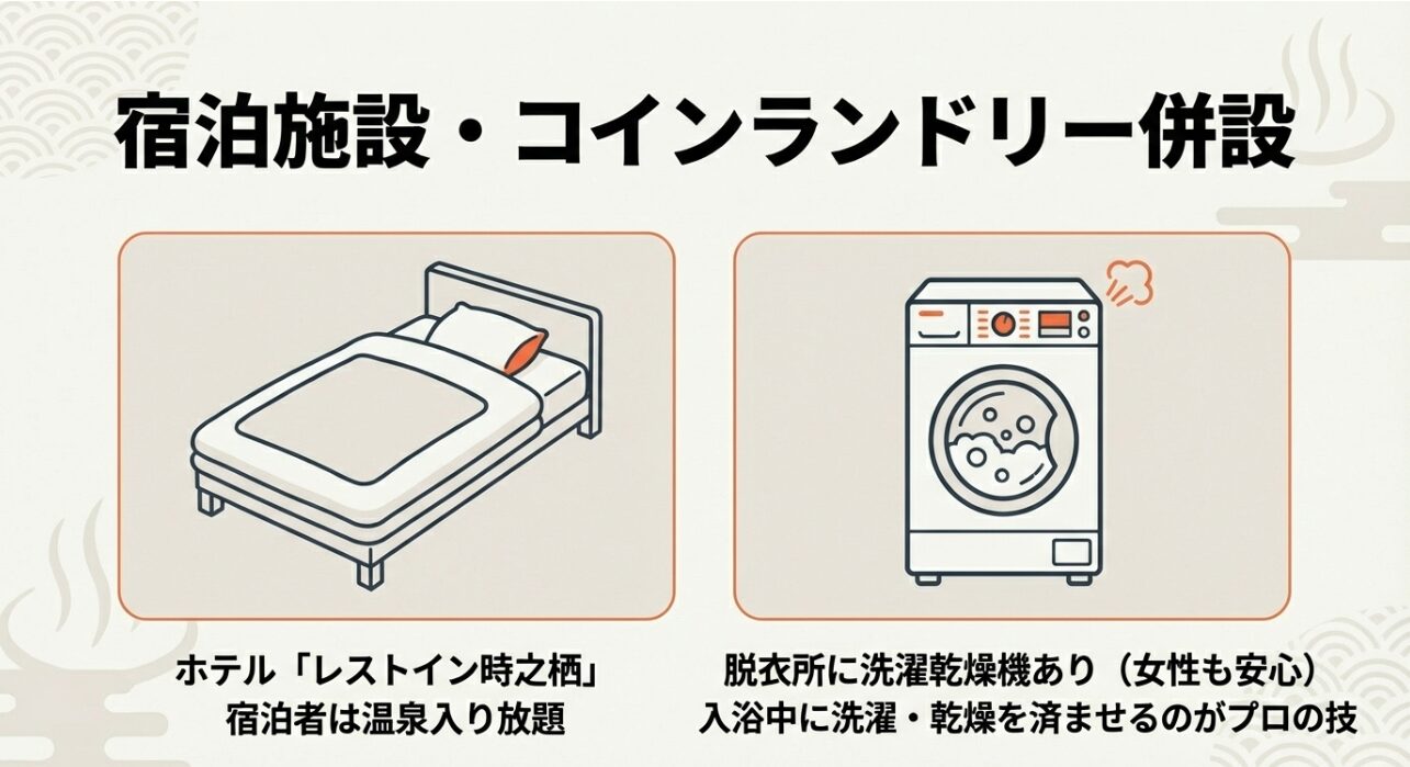 ホテル「レストイン時之栖」のベッドのイラストと、宿泊者特典、脱衣所内の洗濯乾燥機に関する説明。