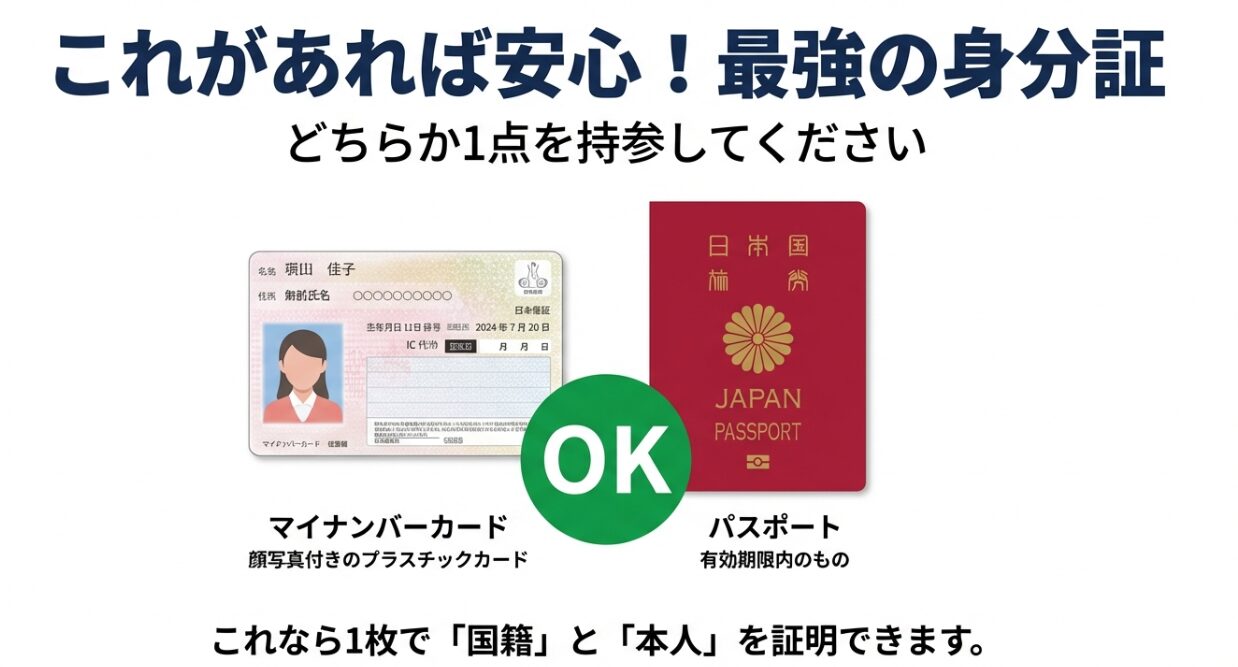 マイナンバーカードとパスポートのイラスト。これら1枚で国籍と本人確認が同時に可能であることの説明