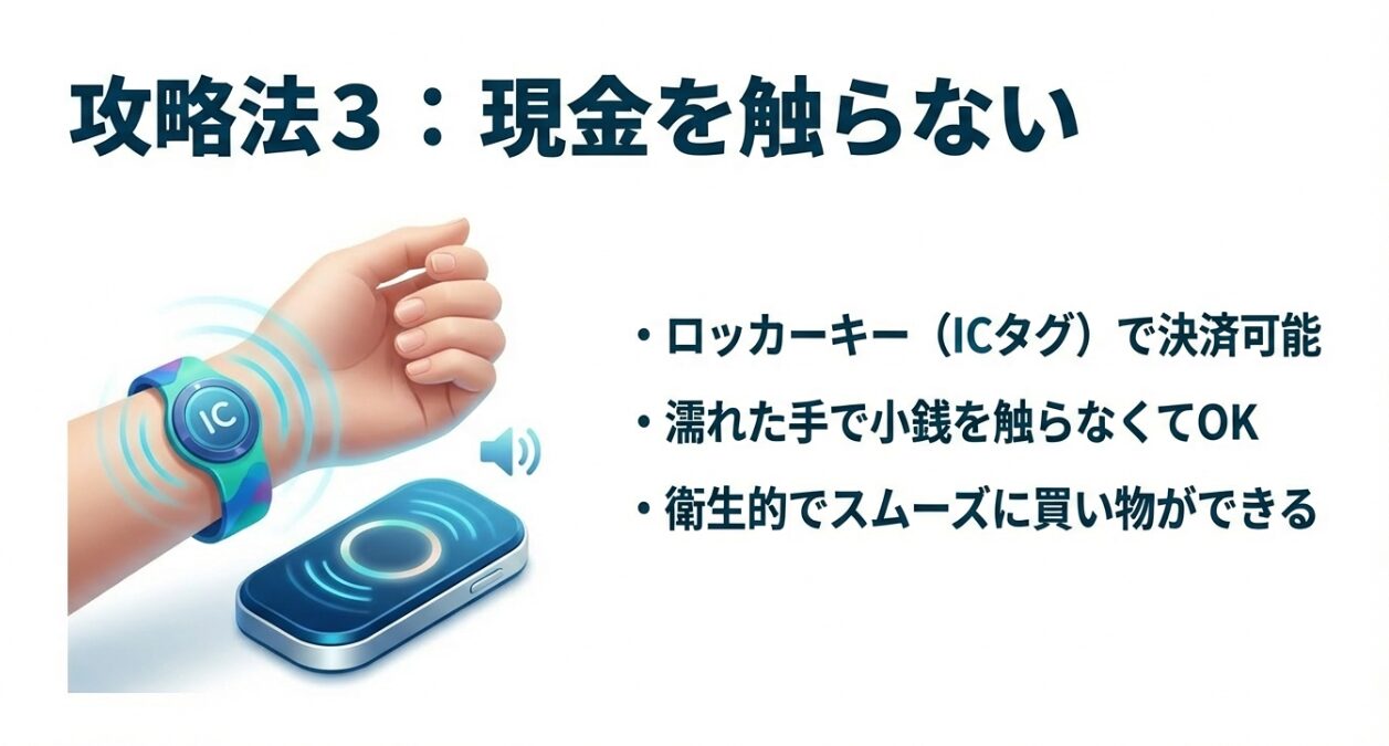 ロッカーキー（ICタグ）での決済により、濡れた手で現金を触らず衛生的に買い物ができる仕組みを紹介するスライド。