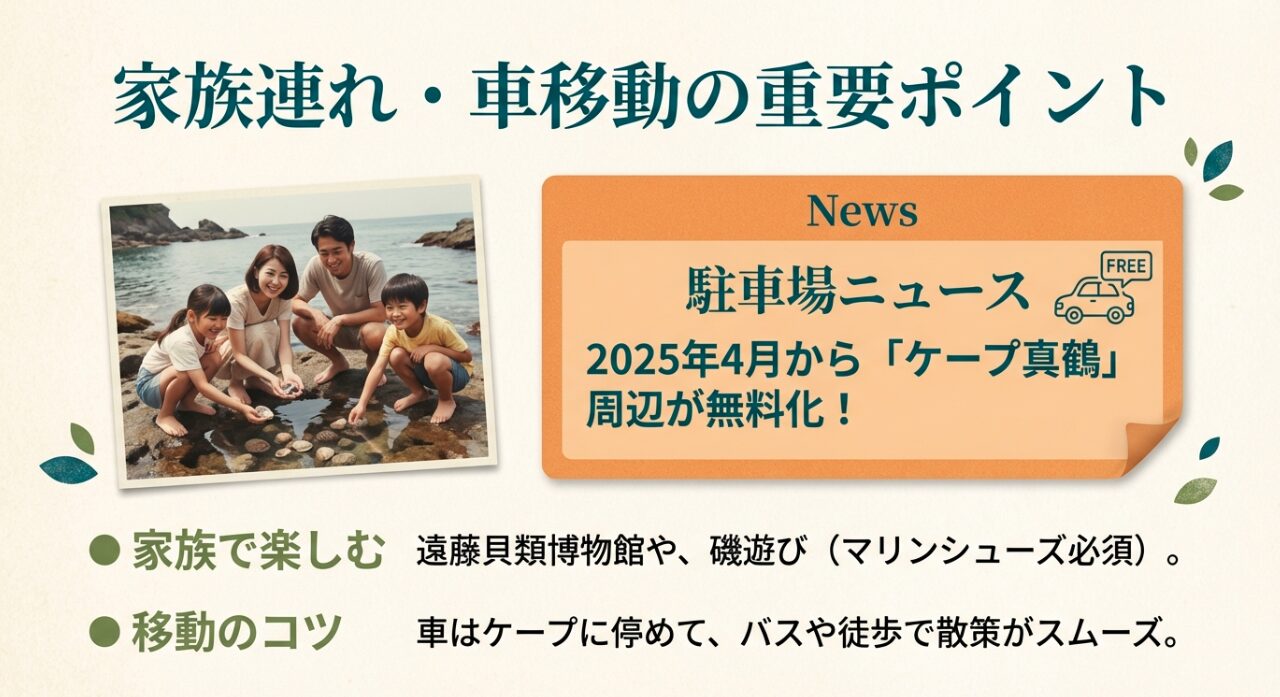 三ツ石海岸での磯遊びと遠藤貝類博物館の紹介。2025年4月からケープ真鶴周辺の駐車場が24時間無料化されたニュースを掲載