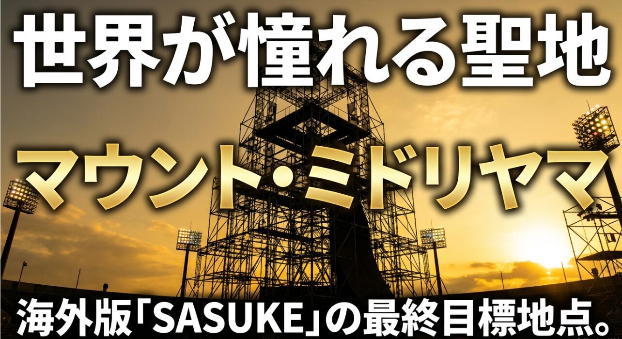 世界が憧れる「マウント・ミドリヤマ」が海外版SASUKEの最終目標地点であることを示すスライド。