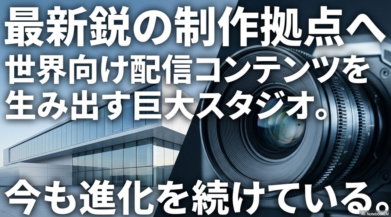 世界向け配信コンテンツを生み出す巨大スタジオとして、今も進化を続けている緑山スタジオを説明するスライド。