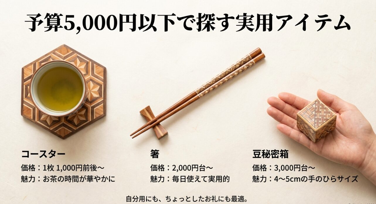 予算5,000円以下で買える実用的アイテム。コースター（1,000円〜）、箸（2,000円台〜）、豆秘密箱。