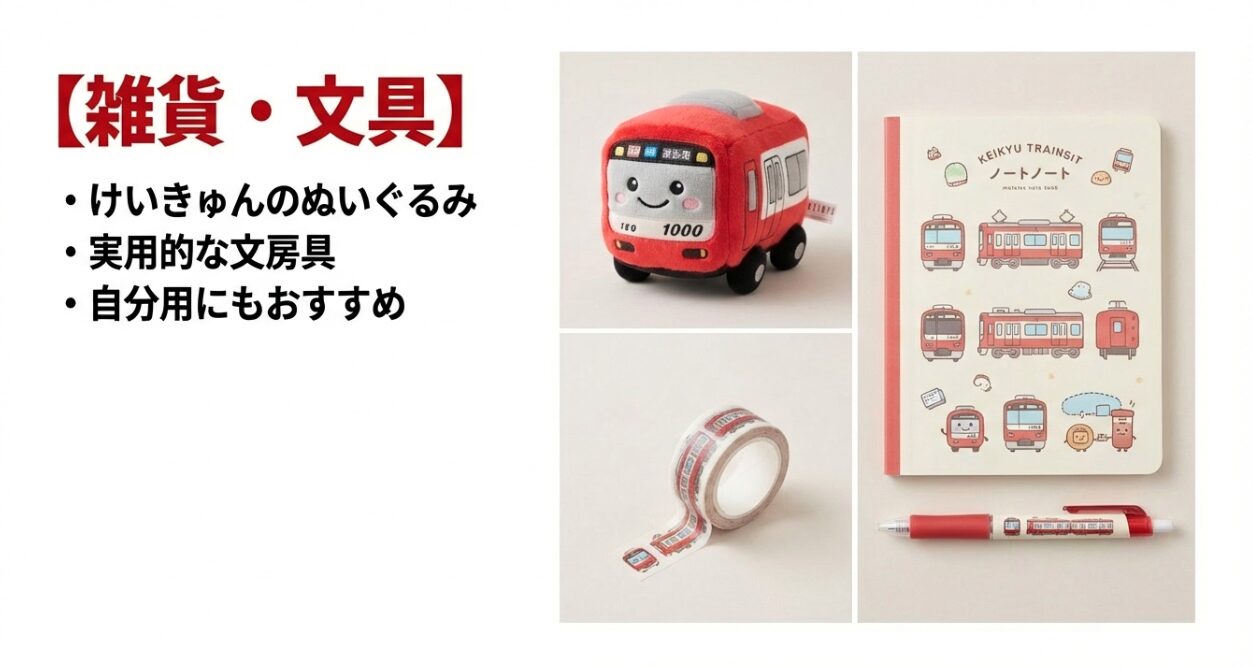 京急ミュージアムの雑貨と文具。けいきゅんぬいぐるみやノート、ボールペン。