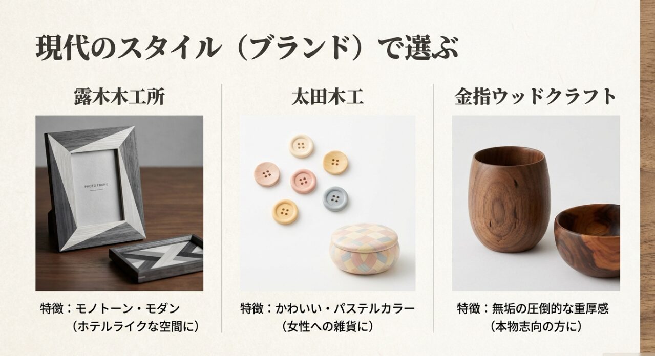 人気工房の特徴。露木木工所（モダン）、太田木工（パステル）、金指ウッドクラフト（無垢の重厚感）