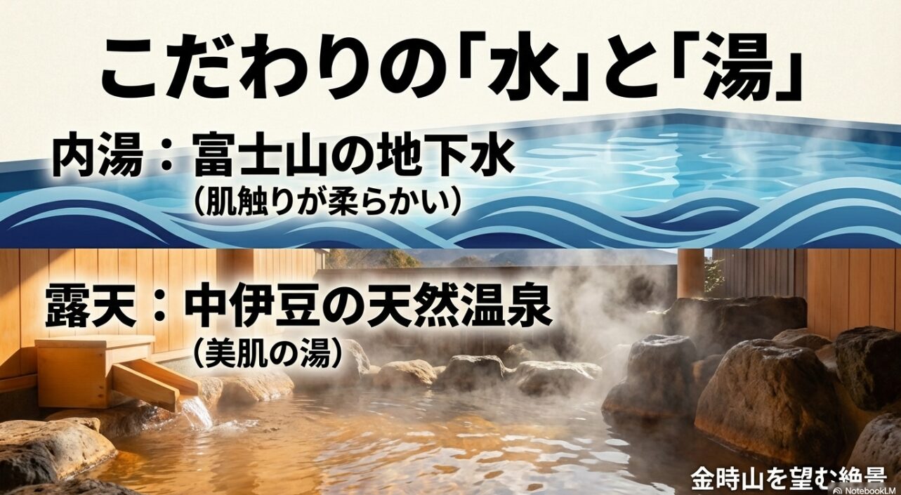 内湯には肌触りの柔らかい富士山の地下水、露天には中伊豆の天然温泉を使用し、金時山を望む絶景が楽しめることの解説。