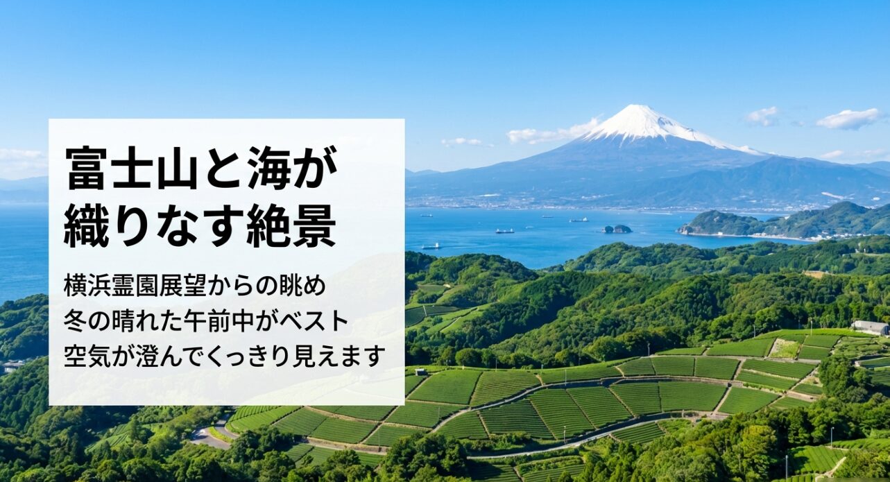 冬の晴れた午前中がベスト。空気が澄んで富士山と海がくっきり見える条件を説明するスライド