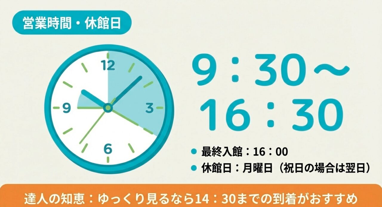 営業時間（930〜1630）と月曜休館の案内。ゆっくり見学するための「1430までの到着」というアドバイスを含むスライド。