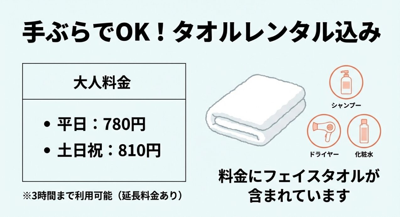 大人料金（平日780円・土日祝810円）と、フェイスタオル、シャンプー、ドライヤー、化粧水が含まれていることを示すイラスト。