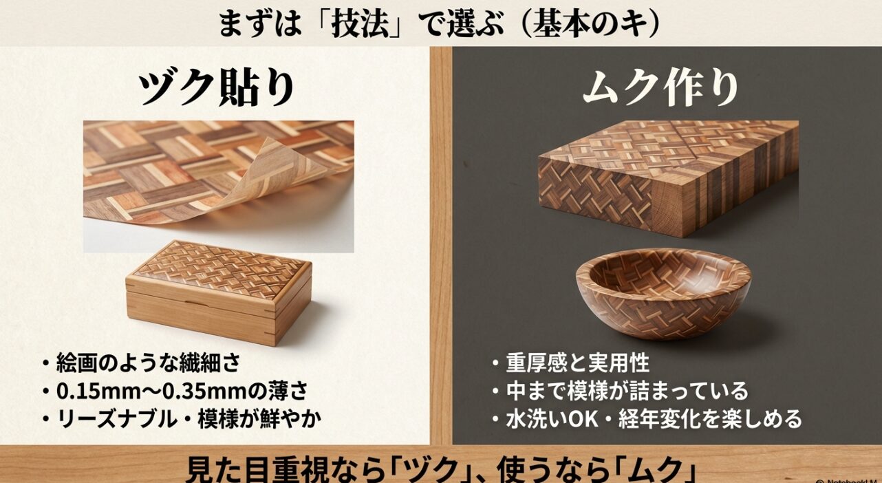 寄木細工の「ヅク貼り」と「ムク作り」の違い。ヅクは繊細でリーズナブル、ムクは重厚感があり実用的。