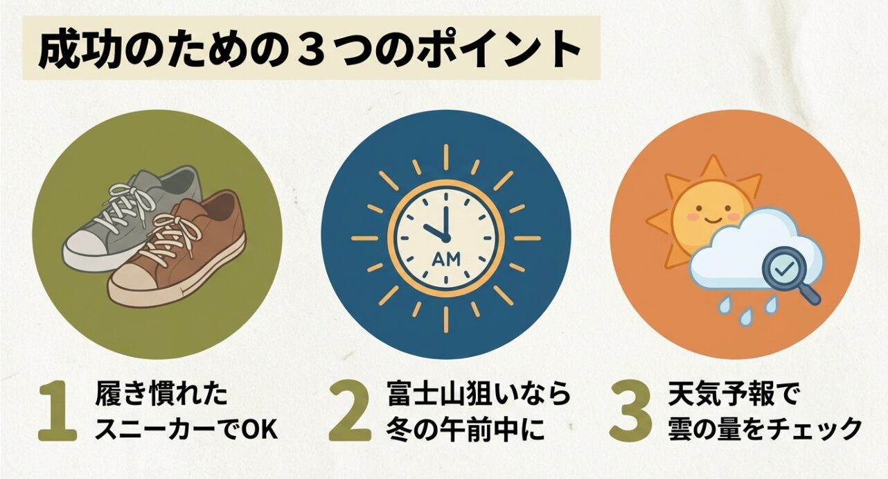 履き慣れたスニーカー、冬の午前中、天気予報のチェックというハイキング成功のポイントを解説するスライド