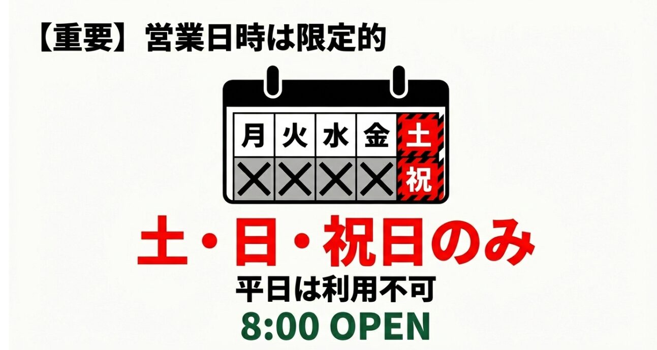平日は利用不可で、土・日・祝日のみ800にオープンすることを示す営業カレンダーのスライド
