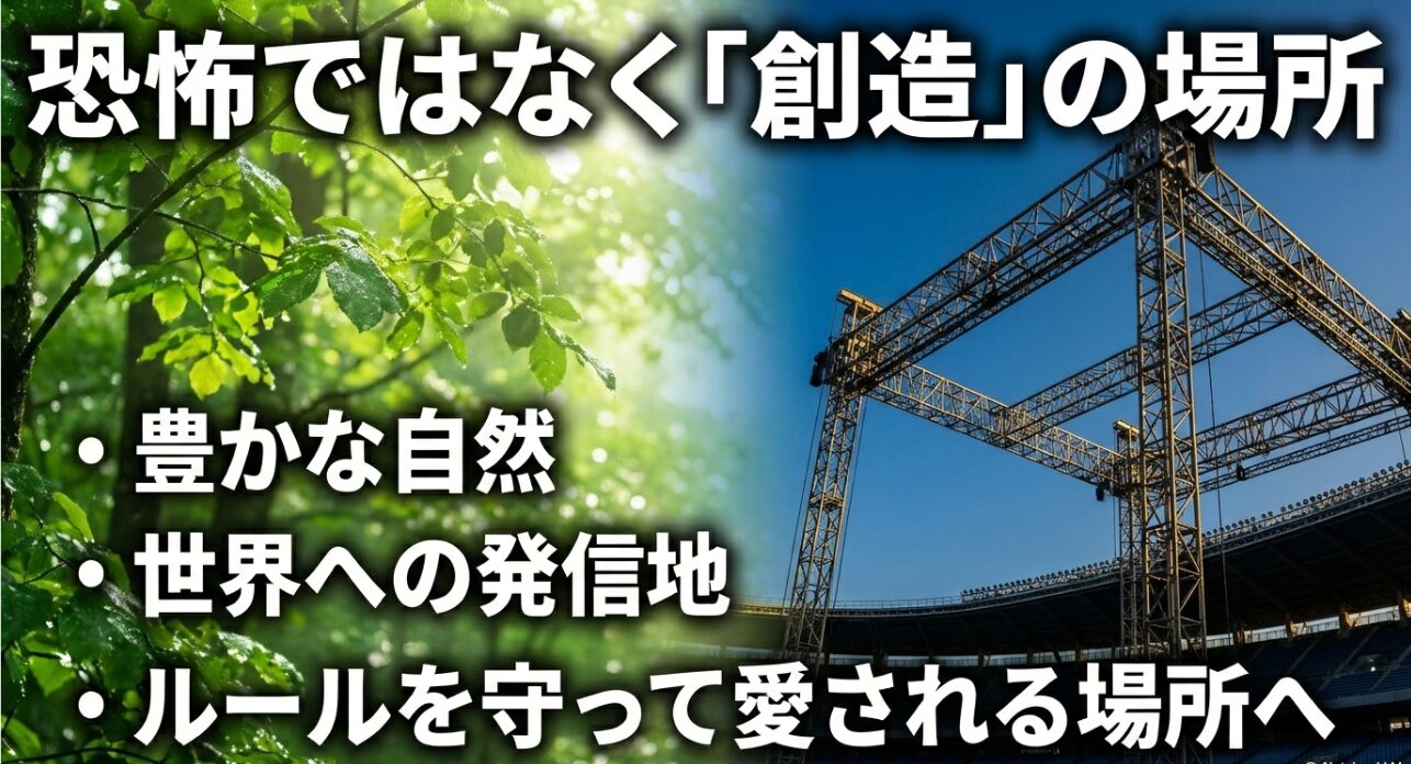 恐怖の場所ではなく、豊かな自然と世界への発信地として、ルールを守って愛される場所を目指すまとめのスライド。