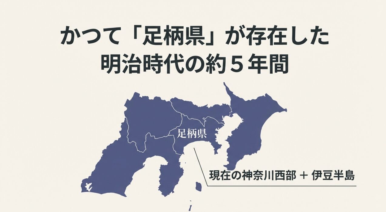 明治時代の約5年間存在した足柄県の範囲（現在の神奈川西部と伊豆半島）を説明するスライド。