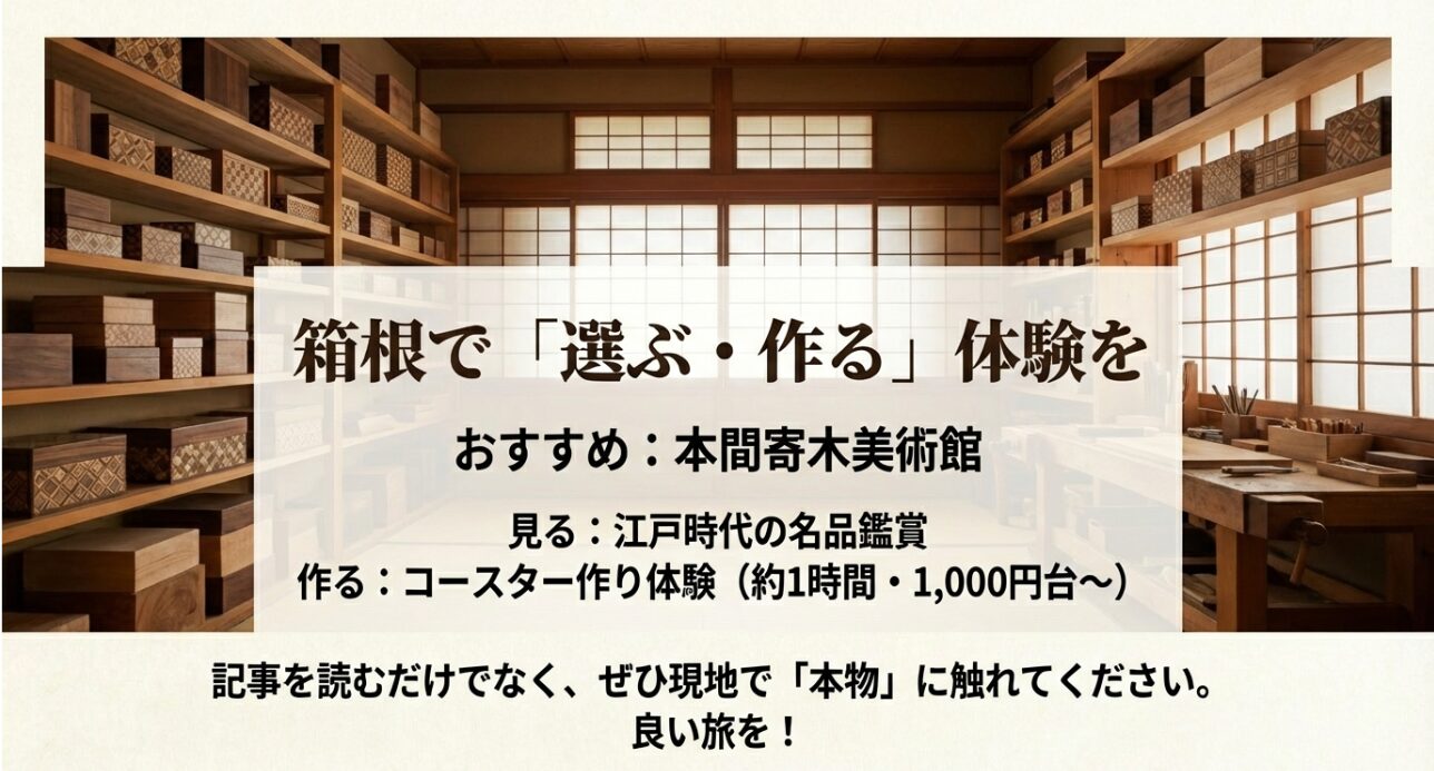 本間寄木美術館の案内。江戸時代の名品鑑賞や、コースター作り体験が可能。