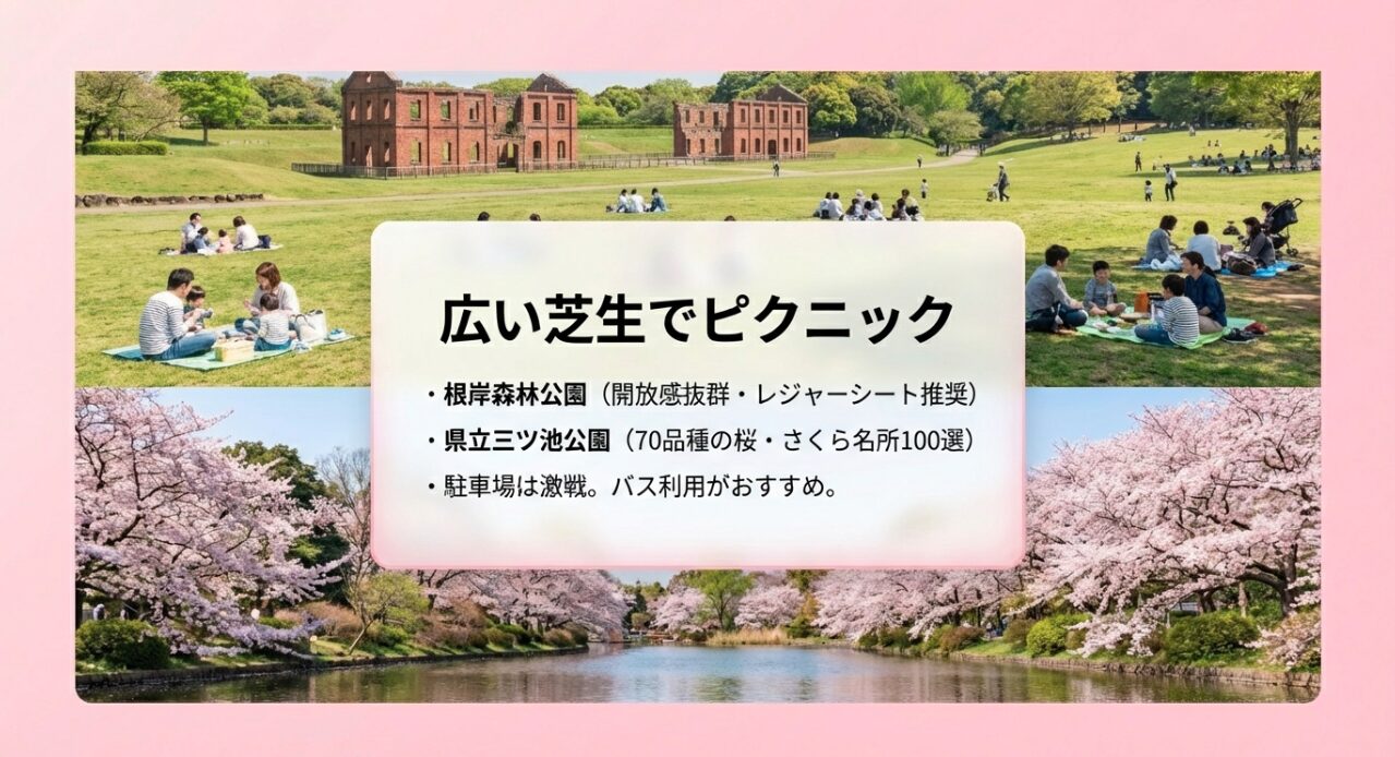 根岸森林公園の広い芝生と、三ツ池公園の70品種の桜を紹介。駐車場が混雑するためバス利用を推奨している。