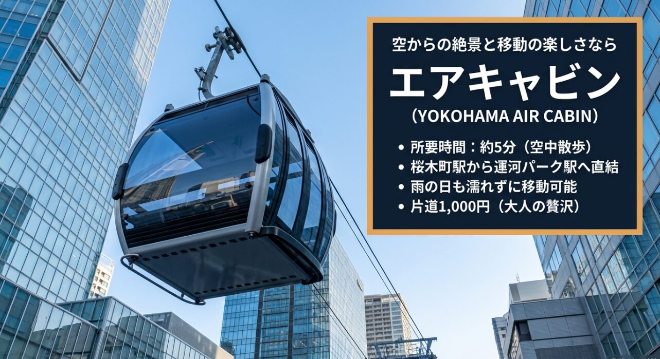 桜木町駅から直結のヨコハマ・エアキャビンの案内。空中散歩の楽しさや雨の日でも濡れないメリットを解説している。