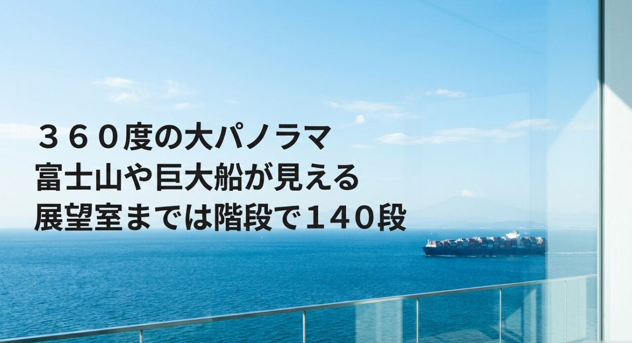 横浜港シンボルタワー展望室から見える巨大船の写真と、展望室まで階段で140段あることを説明するスライド。