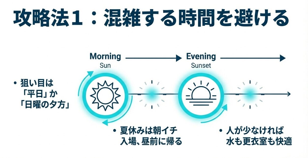 混雑を避けて快適に楽しむための時間帯（平日、日曜夕方、夏休み朝イチ）を紹介する攻略スライド。