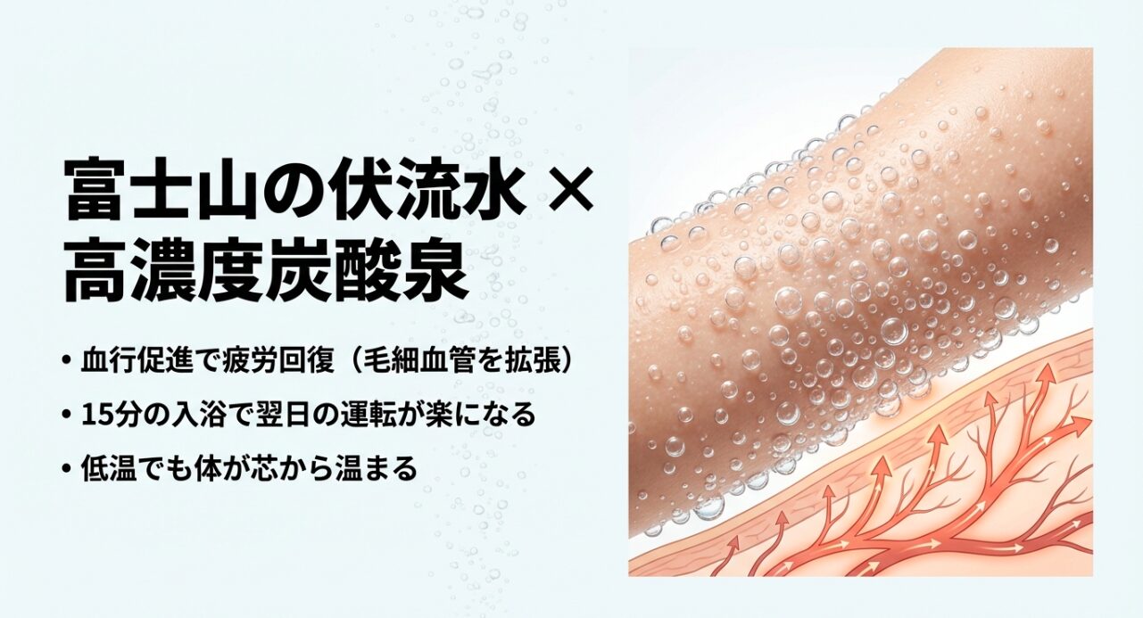 炭酸泉に入浴した際の肌の泡と、毛細血管が拡張して血流が促進される様子を示したイラスト図解。