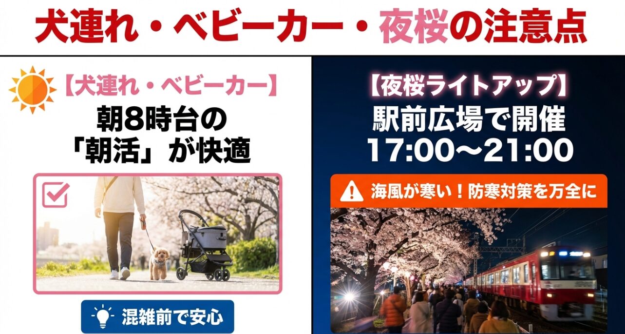 犬連れやベビーカー利用者は朝8時台の朝活が快適であること、夜桜ライトアップが17時から21時であること、海風の寒さ対策が必要であることを示すスライド。
