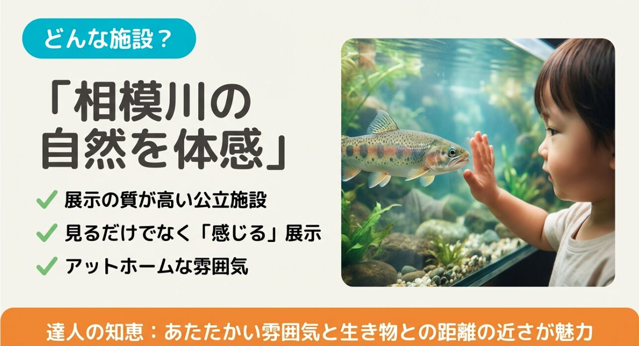 相模川ふれあい科学館アクアリウムさがみはらのコンセプト。「相模川の自然を体感」をテーマにした、アットホームな公立施設の紹介スライド。