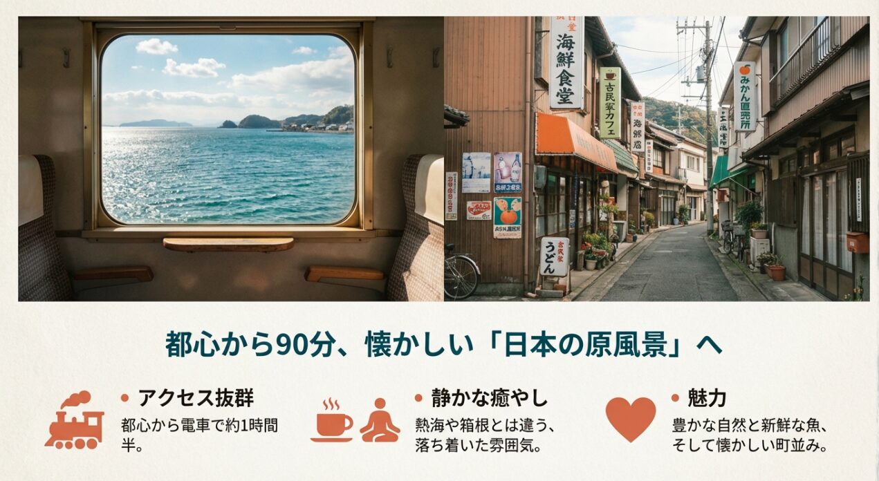 真鶴へのアクセス（都心から約1時間半）や落ち着いた雰囲気、自然と海鮮、町並みといった魅力を紹介するスライド