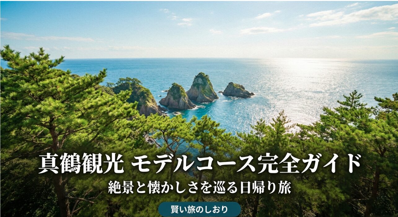 真鶴観光モデルコース完全ガイドの表紙。「絶景と懐かしさを巡る日帰り旅」というキャッチコピーと共に、賢い旅のしおりとしての構成案が示されている